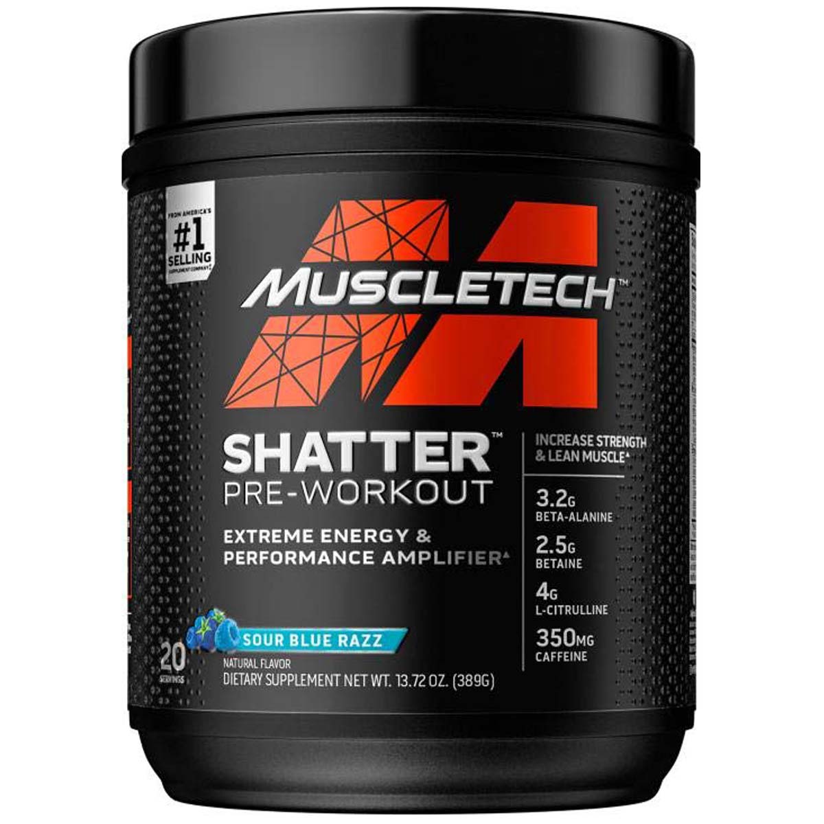 MuscleTech Shatter Pre Workout, Sour Blue Razz, 20 Servings - Muscletech